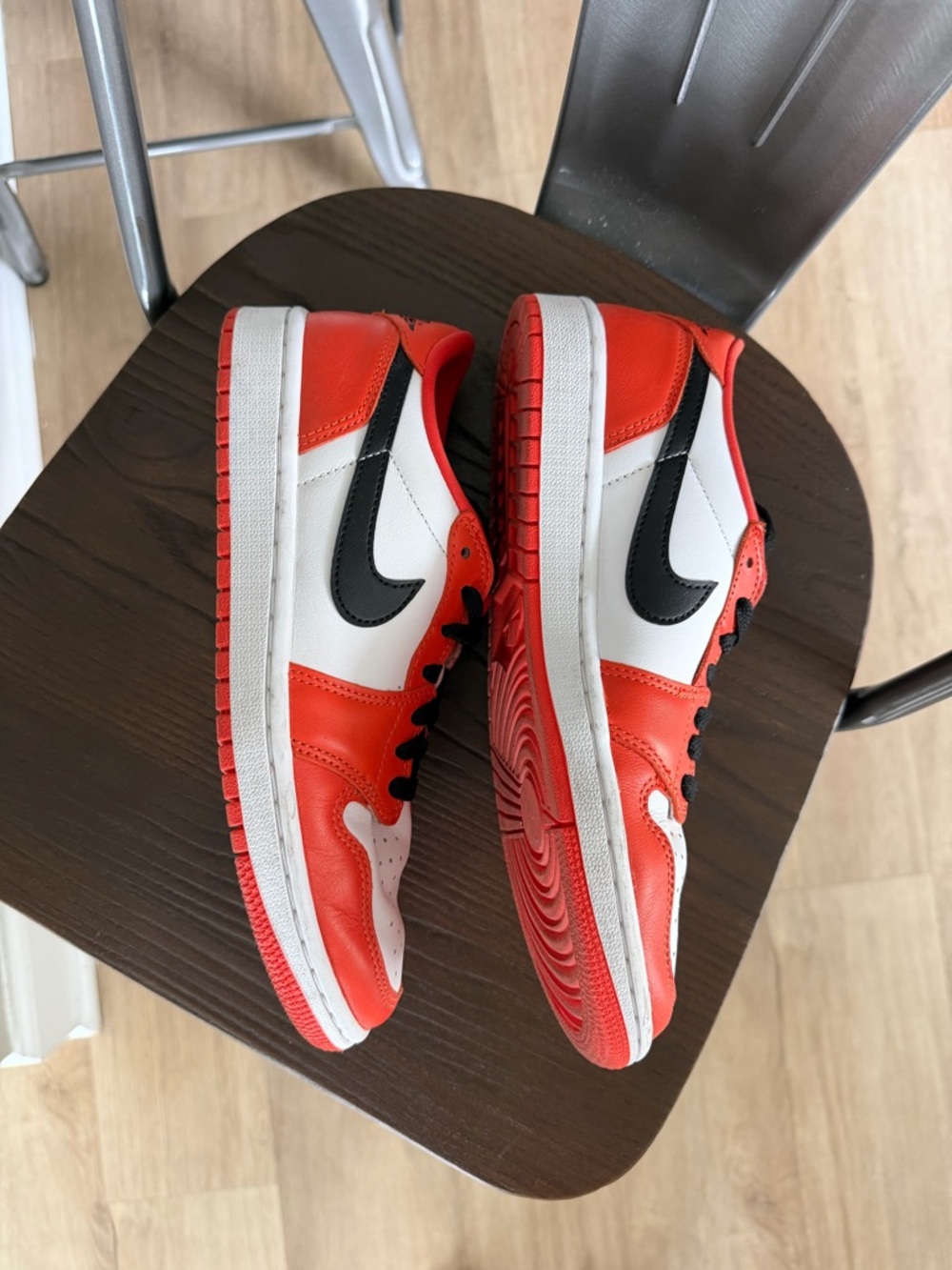 Nike Air Jordans Low Top Sneakers in White, Orange & Black - Picture 3 of 9